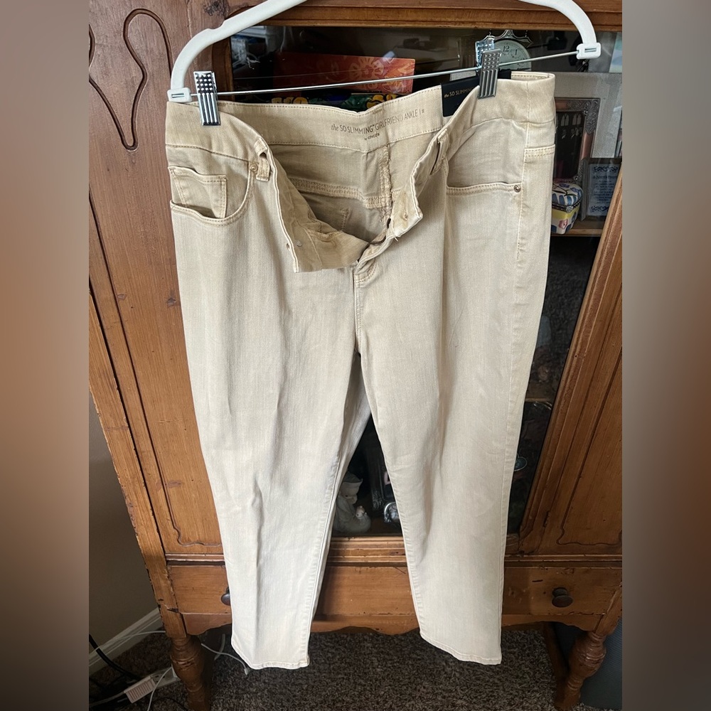 Chicos Tan colored. So slimming girlfriend ankle jean.